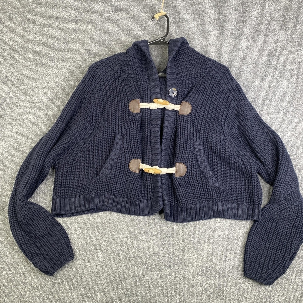 Tibi Cardigan Sweater Womens Large Blue Chunky Knit Toggle Front Collar Cropped